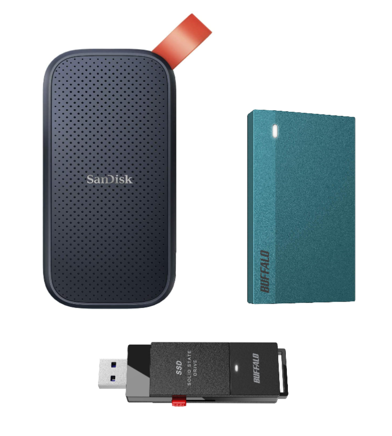 ①Sandisk 外付けポータブルSSD 1TB ②BUFFALO 外付け超小型